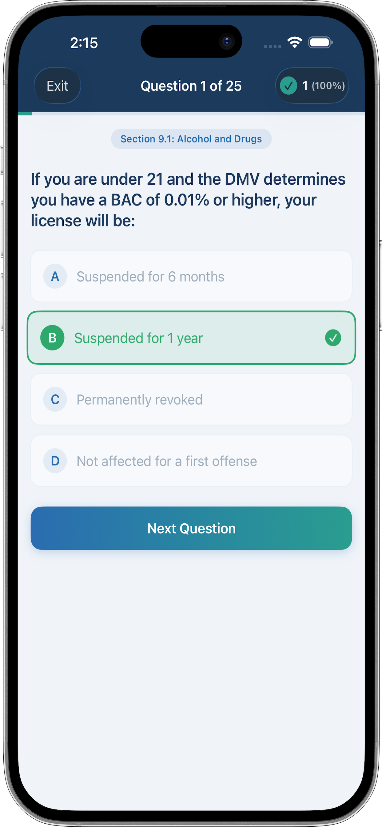 TX permit test readiness tracker showing performance by Texas Driver Handbook section